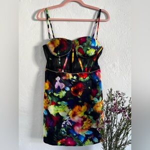 Floral Brushstroke Mini Dress with Corset Bodice - Multicolor